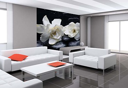 Fototapeta Black spa stones with white flowers 24257