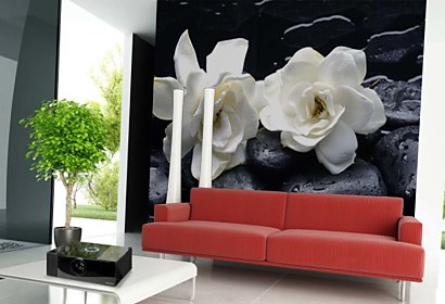 Fototapeta Black spa stones with white flowers 24257